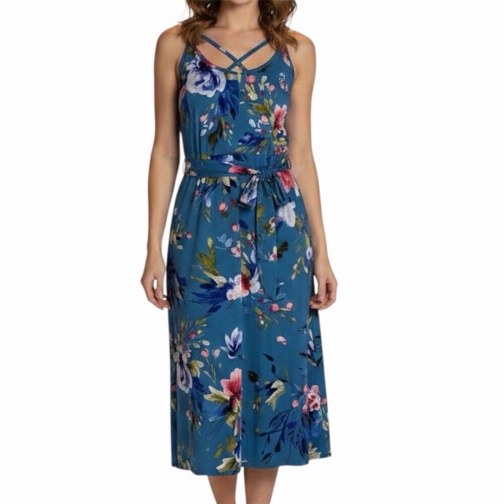 Z Avenue USA Midi Dress Criss Cross Boho Slinky Knit Floral Blue XL bv